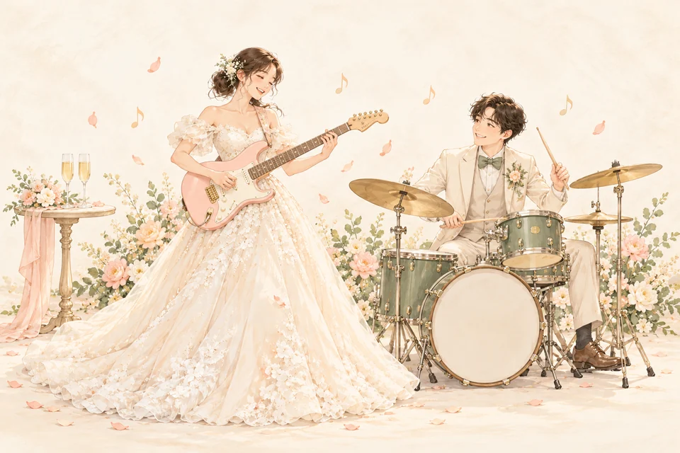 新郎新娘以結他同鼓聲慶祝敬酒。