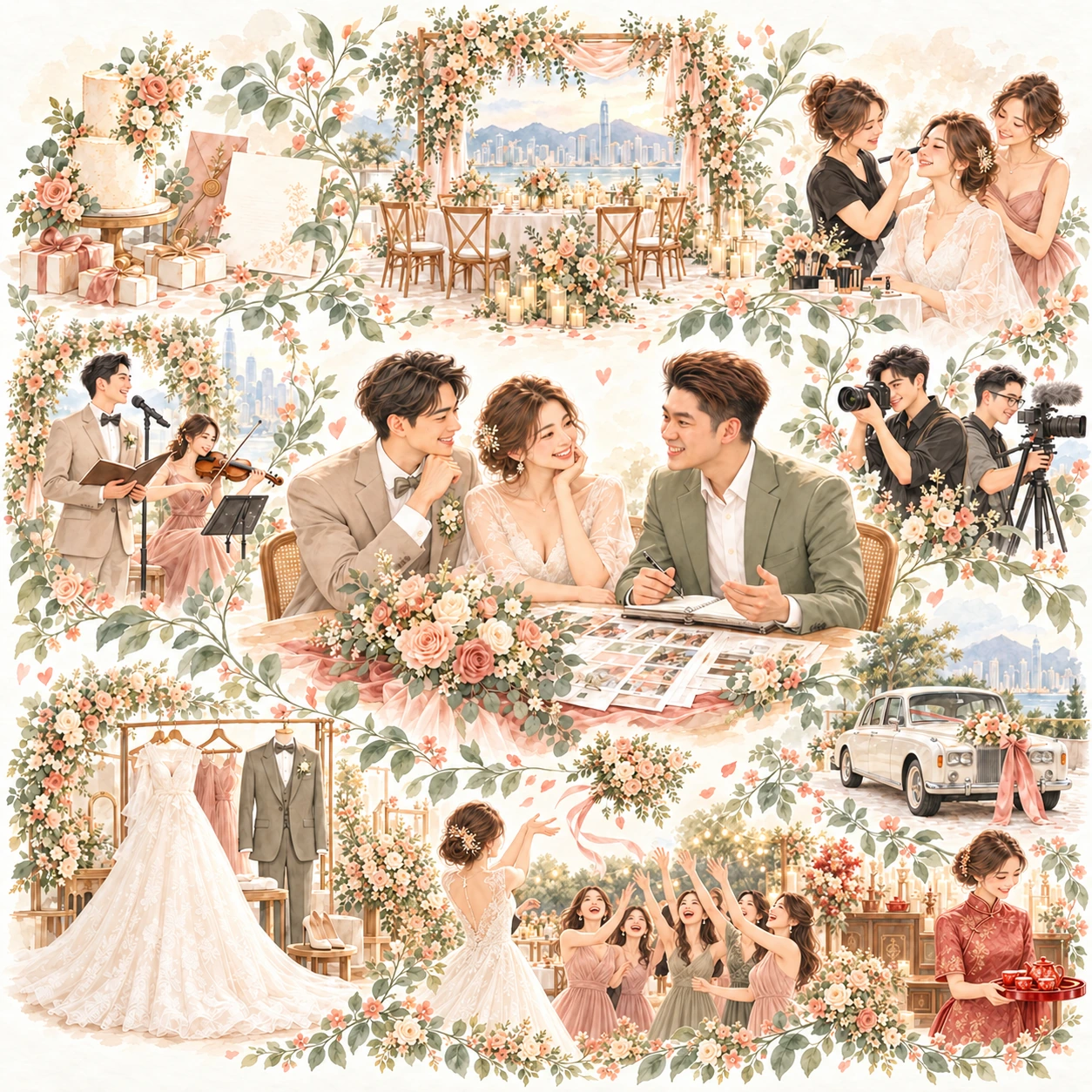 Watercolour illustration of a couple planning with a wedding planner, surrounded by photography, makeup, flowers, outfits, ceremony, transport, tea ceremony and favour scenes.
